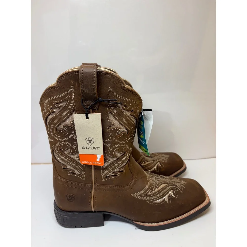 Ariat Girls Round Up Bliss Brown Leather Glitter Cowboy Boots 10046884 Size 6Y